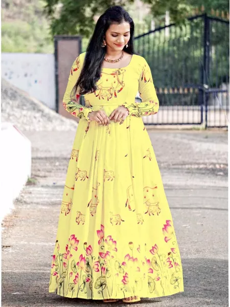 Yellow Color Georgette Gown With Digital Print and Dupatta