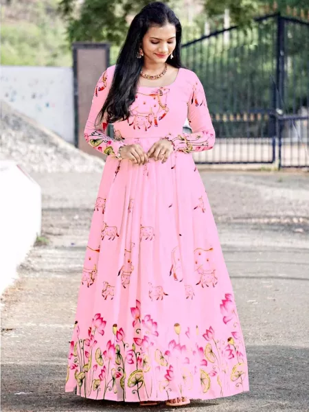 Pink Color Georgette Gown With Digital Print and Dupatta