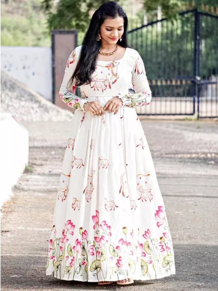 White Color Georgette Gown With Digital Print and Dupatta