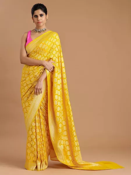 Yellow Color Sari for Haldi and Wedding Wear in Soft Lichi Silk With Weaving Work