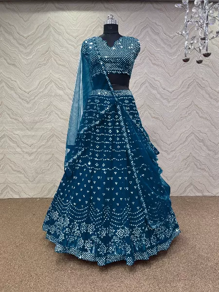 Rama Color Georgette Lehenga Choli With Sequence Work and Dupatta