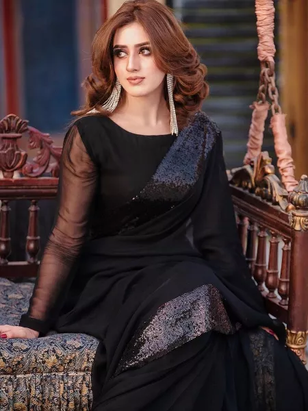Black Bollywood Saree With Sequence Work Georgette Saree for Party Wear