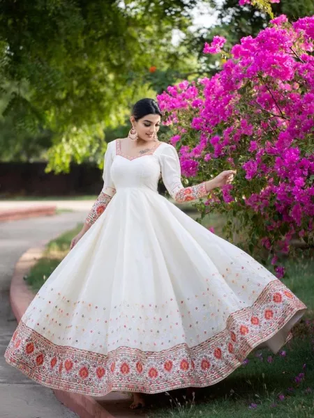 White Color Heavy Gown With Canvas and Real Mirror Work in Maslin Silk