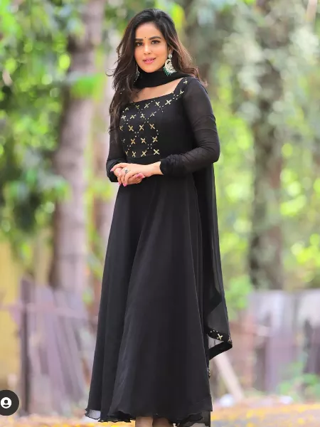Black Color Georgette Anarkali Suit With Sequence Work on Neck and Dupatta