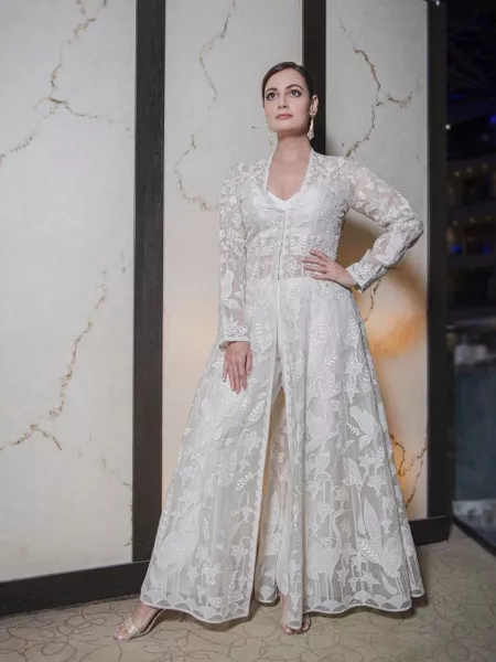 Diya Mirza Bollywood Anarkali Suit in White Color Butterfly Net With Embroidery Work
