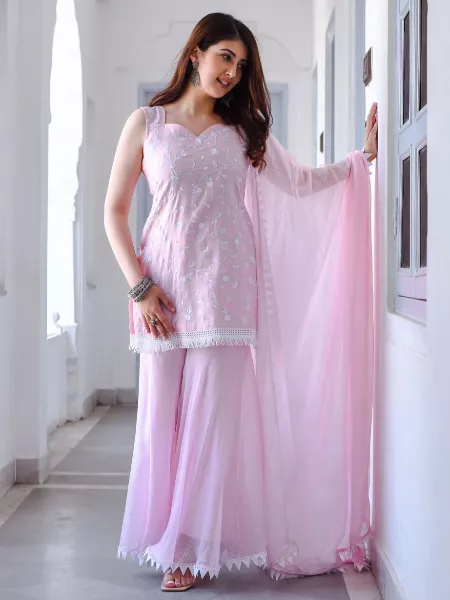 Light Pink Top Palazzo Suit in Bollywood Style for Party Wear With Embroidery Work