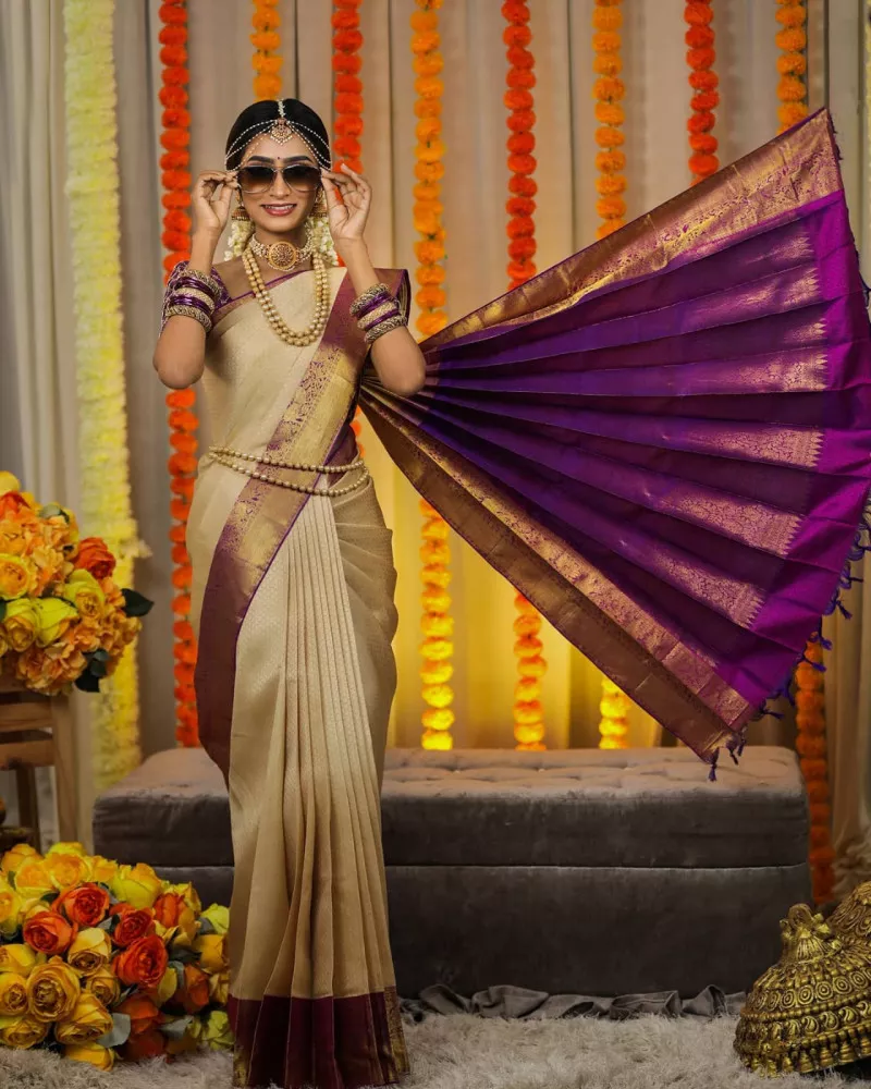 Cream Color Wedding Saree in Lichi Silk With Jacquard Weaving Zari
