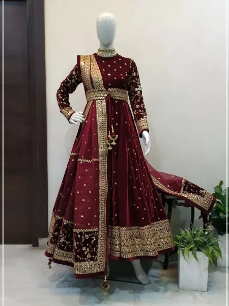 Maroon Color Velvet Gown for Wedding With Sequence Embroidery Work and Dupatta