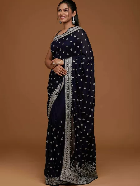 Blue Color Vichitra Silk Saree With Heavy Embroidery Work for Wedding and Functions
