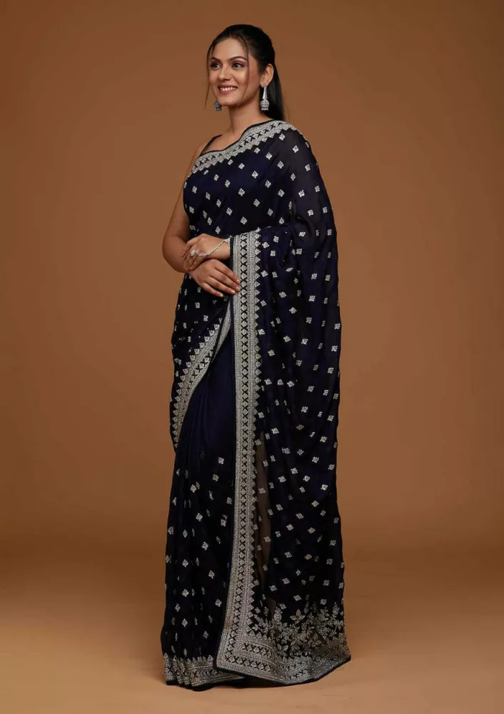 SAVE ₹1142 on KALINI Blue & Black Saree Polka Dot Printed Saree with Blouse  Piece | Best Offer in India