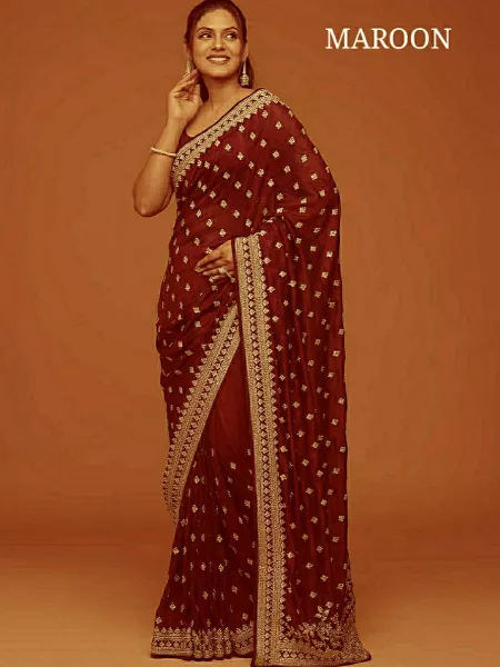 Maroon Color Vichitra Silk Saree With Heavy Embroidery Work for Wedding and Functions