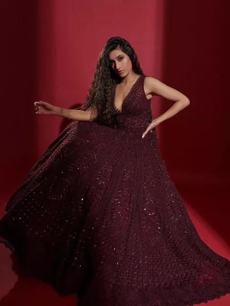 Maroon Color Bridal Gown in Heavy Look With Sequence Work in Georgette and Dupatta