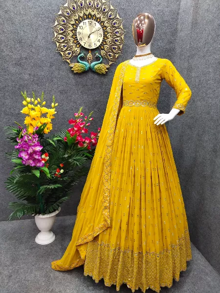 Yellow Color Sequence Georgette Gown for Wedding and Party Wear With Dupatta