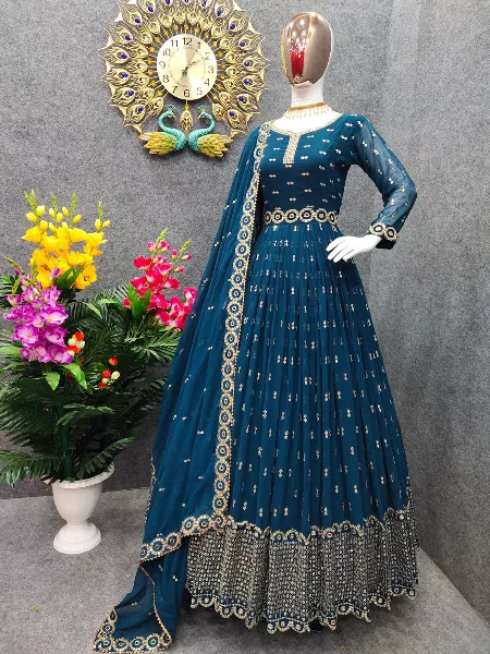 Rama Color Sequence Georgette Gown for Wedding and Party Wear With Dupatta