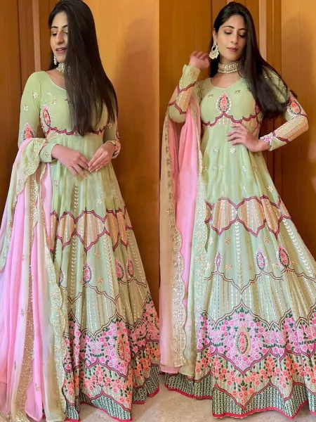 Pista Color Heavy Designer Gown With Embroidery and Sequence Work With Dupatta