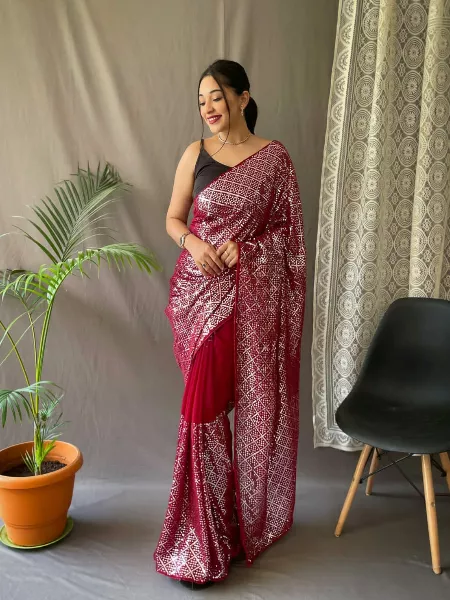Fancy Sequence Saree for Party Wear and Wedding in maroon Color With Blouse Indian Latest Sari