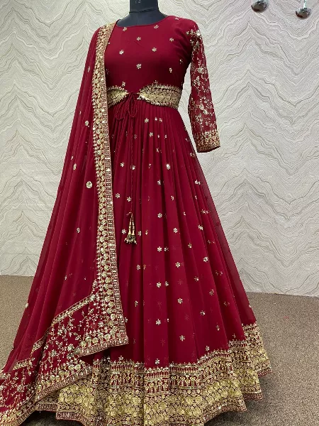 Maroon Color Heavy Georgette Gown With Sequence Embroidery and Waist Belt