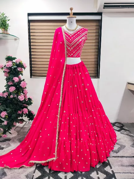 Pink Color Georgette Lehenga Choli With Sequence Embroidery Work and Dupatta