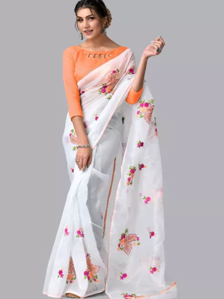 White Color Organza Saree With Embroidery and Diamond Stone Work and Blouse