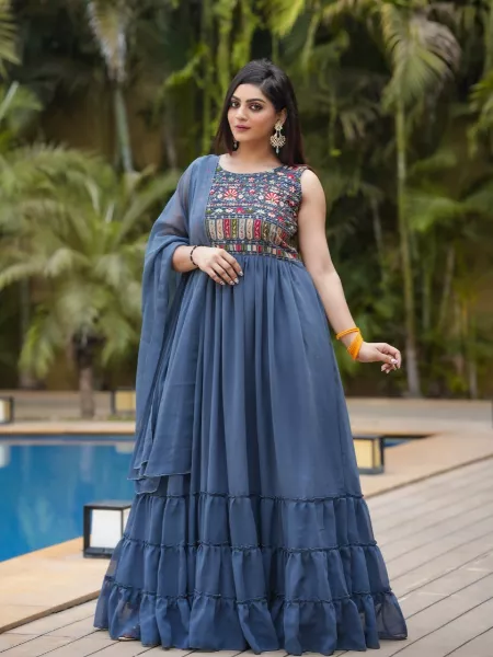 Ash Blue Georgette Gown With Colorful Embroidery and Ruffle Flair