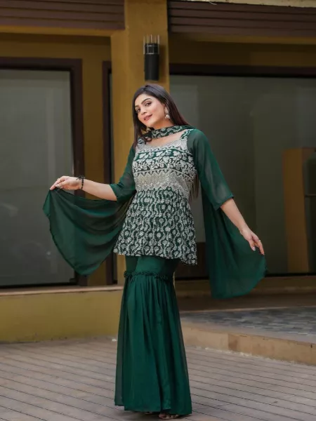 Green Color Top and Sharara Suit With Heavy Embroidery Sequence Work Mehndi Ceremony Suit