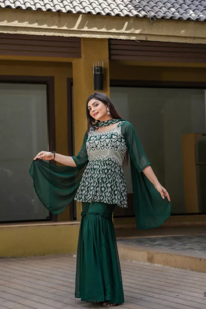 Mehendi Green Color Sangeet Wear Georgette Fabric Charismatic Sharara Suit