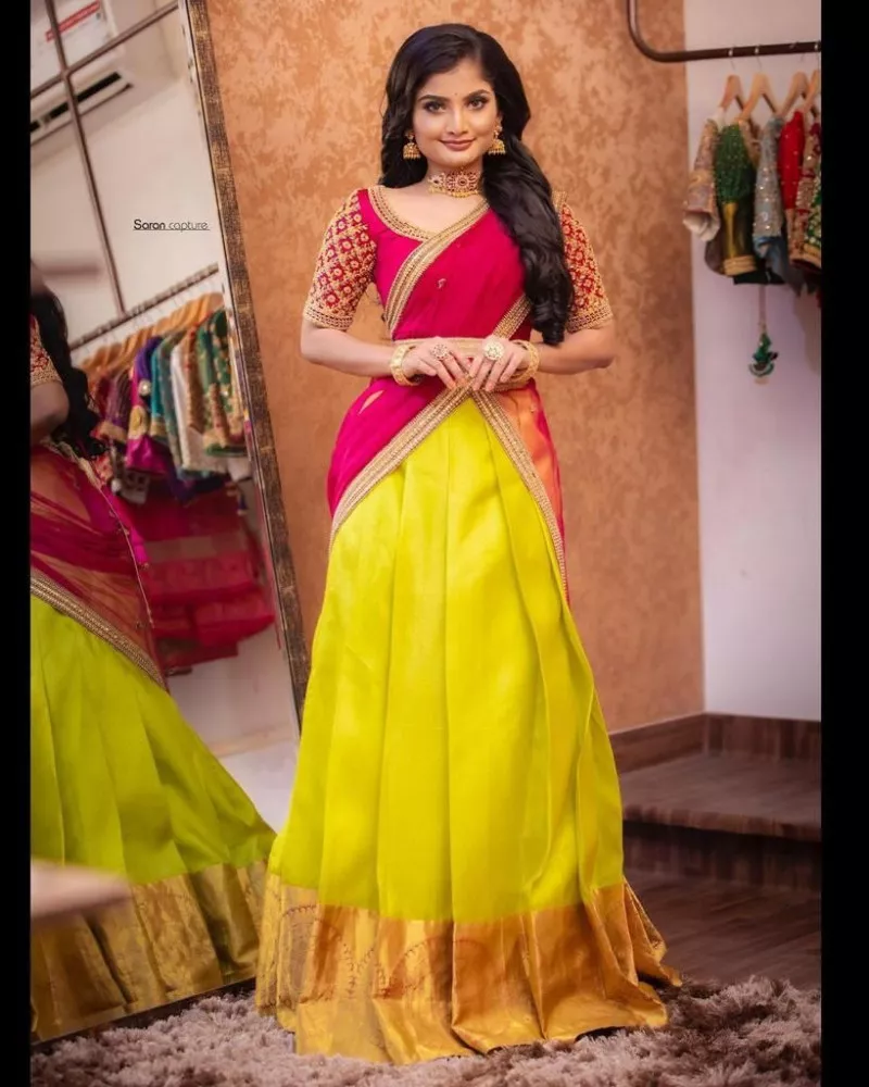 The Most Gorgeous South Indian Lehenga Saree Designs We Spotted! | Lehenga  saree design, Half saree designs, Saree designs