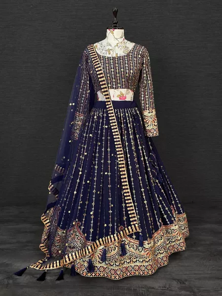 Navy Blue Indian Wedding Lehengas with Embroidery Sequence Work in Georgette