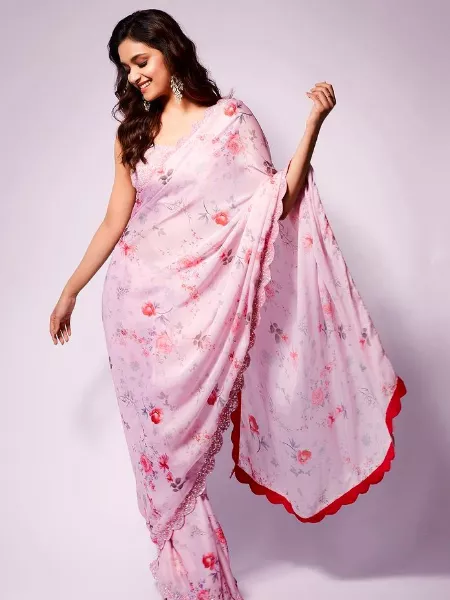 Keerthy Suresh Saree in Pink Georgette With Digital Print Sequence Work With Blouse South Indian Actress Saree
