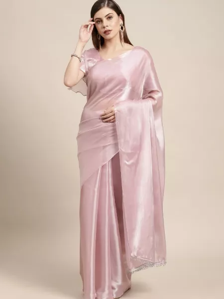 Light Pink Jimi Silk Party Wear Saree With Pallu Lace and Blouse Latest Indian Sari