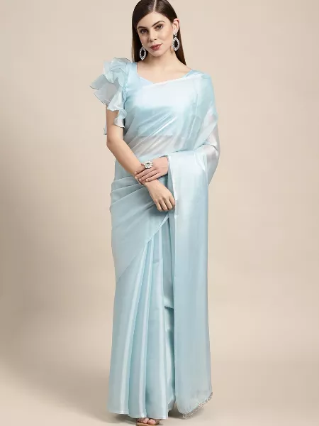 Sky Blue Jimi Silk Party Wear Saree With Pallu Lace and Blouse Latest Indian Sari