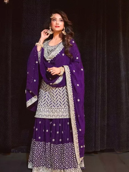 Purple Heavy Wedding Sharara Suit in Georgette With Embroidery and Sequence