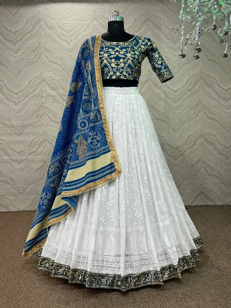 White Color Georgette Lehenga Choli With Embroidery Work and Printed Dupatta