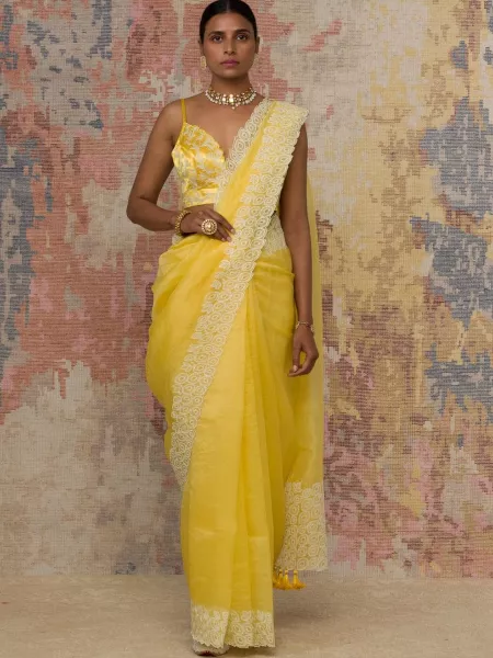 Yellow Soft Organza Silk Saree With Designer Heavy Lucknowi and Cut Work
