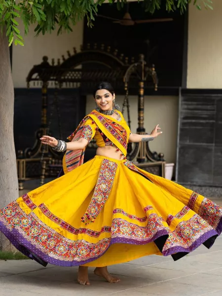 Navaratri Lehenga Choli in Yellow Butter Silk With Colorful Embroidery Thread Work
