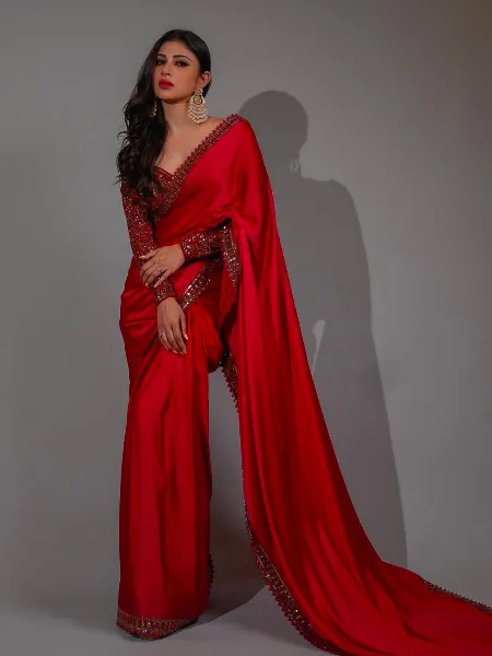 Mouni Roy Saree in Red Rangoli Fabric With Embroidery Lace and Heavy Work Blouse Bollywood Saree