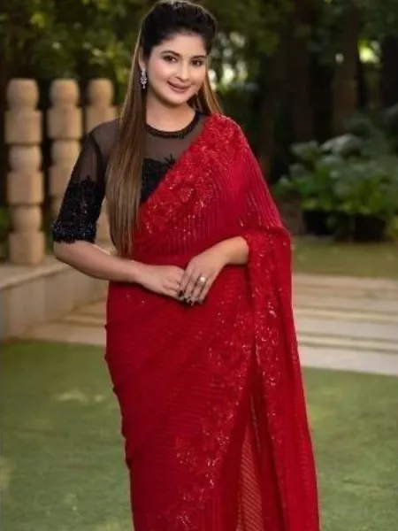Red Sequence Embroidery Work Saree on Georgette With Work Blouse Bollywood Saree