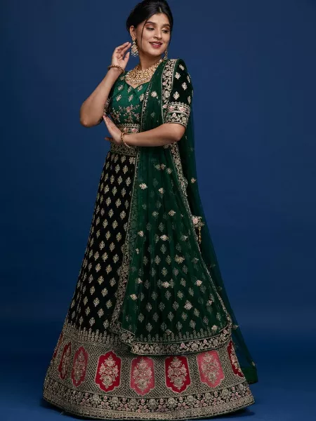 Green Color Velvet Lehenga Choli for Bridal With Heavy Work and Dupatta Indian Wedding Lehenga Choli