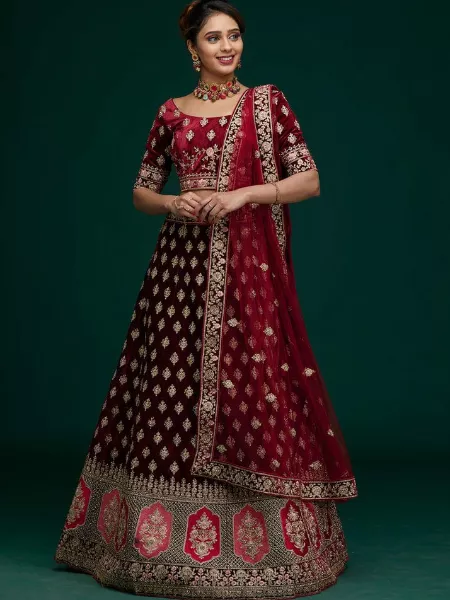 Maroon Color Velvet Lehenga Choli for Bridal With Heavy Work and Dupatta Indian Wedding Lehenga Choli