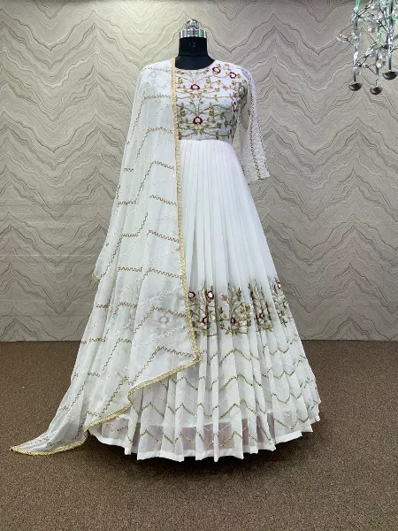 White Color Party Wear Georgette Gown With Embroidery Sequence Work and Dupatta