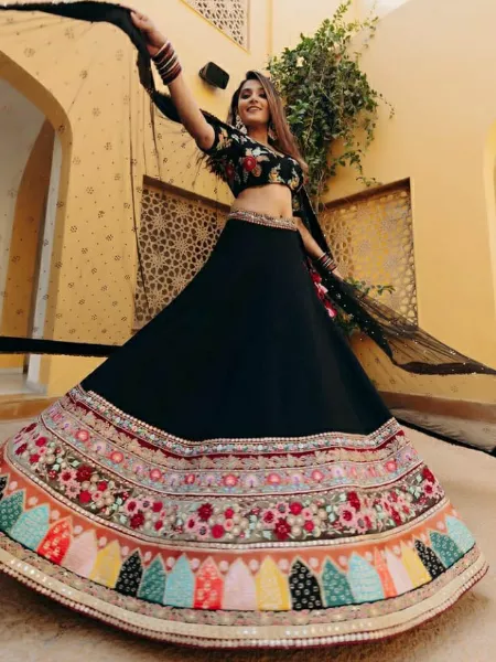 Black Color Navaratri Lehenga Choli in Georgette With Colorful Embroidery and Dupatta