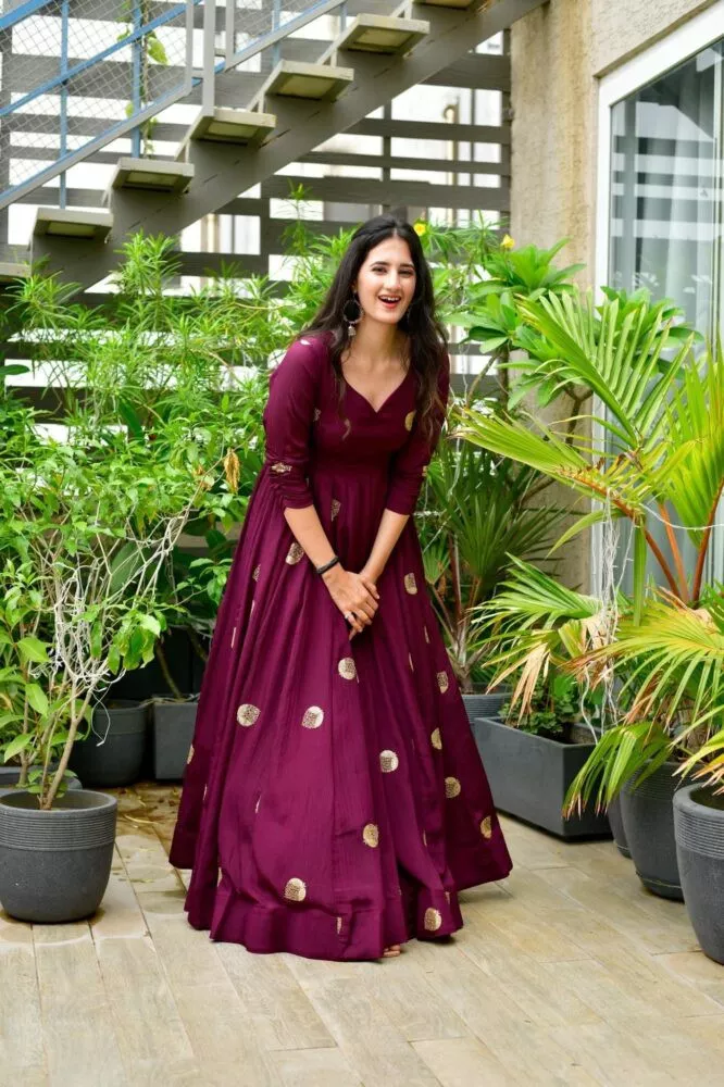 Maroon Silk Gown With Attached Dupatta at Rs.2999/Piece in jalna offer by  Sayee Creations