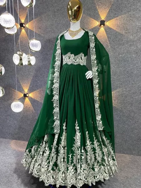 Green Color Designer Georgette Gown With Sequence Work and Dupatta Party Wear Gown