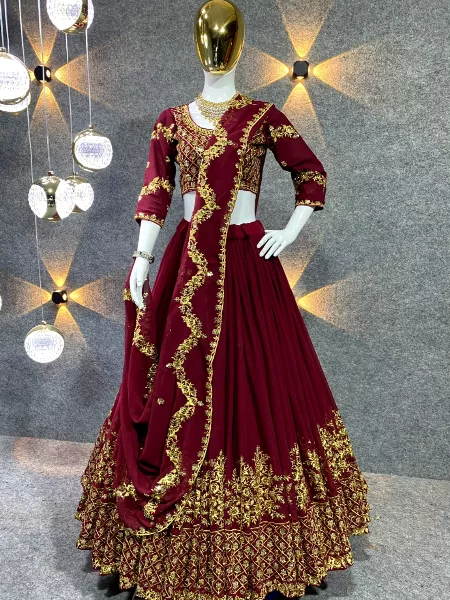 Maroon Color Georgette Lehenga Choli With Heavy Embroidery Work and Dupatta