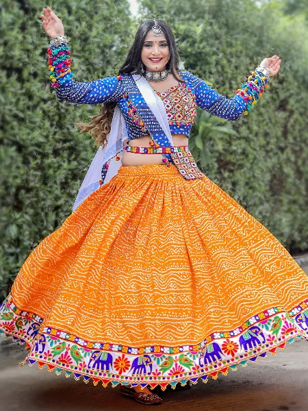 Navaratri Lehenga Choli in Orange Color Cotton With Embroidery and Digital Print Navratri Special Readymade Lehenga Choli