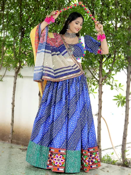 Navaratri Lehenga Choli in Blue Color Cotton With Embroidery and Digital Print Navratri Special Readymade Lehenga Choli
