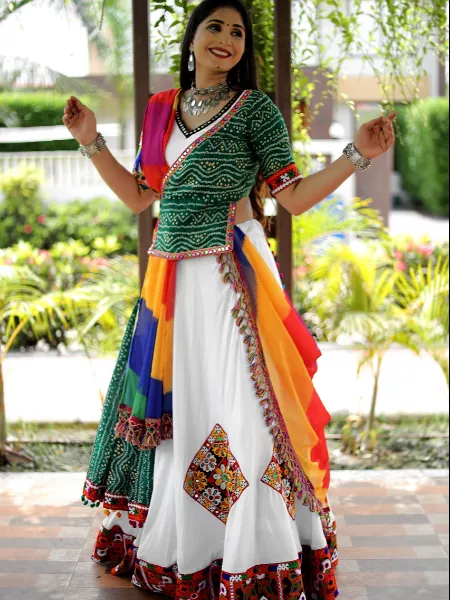 White Kediya Style Navaratri Lehenga Choli in Cotton With Embroidery and Digital Print Navratri Special Readymade Lehenga Choli