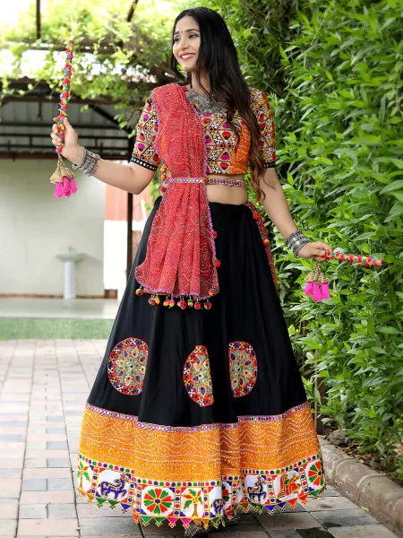 Black Stylish Navaratri Lehenga Choli in Cotton With Embroidery and Digital Print Navratri Special Readymade Lehenga Choli