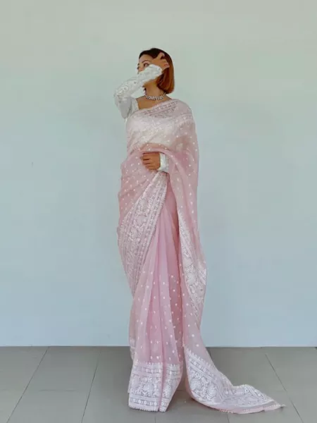 Light Pink Organza Saree With Heavy Embroidery Work Bollywood Organza Saree