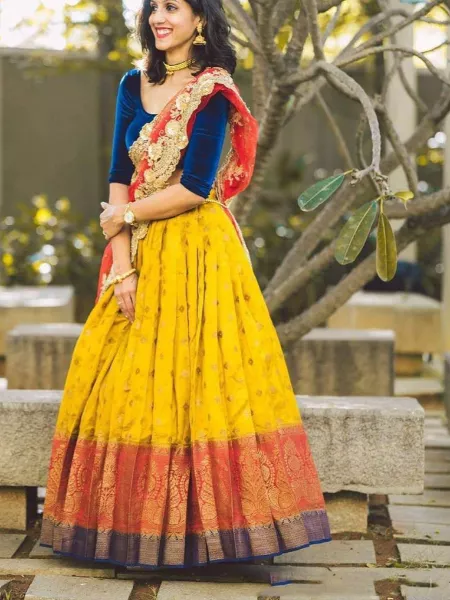 South Indian Lehenga Golden Color Kanjivaram Half Saree Lehenga South Wedding Half Saree Lehenga